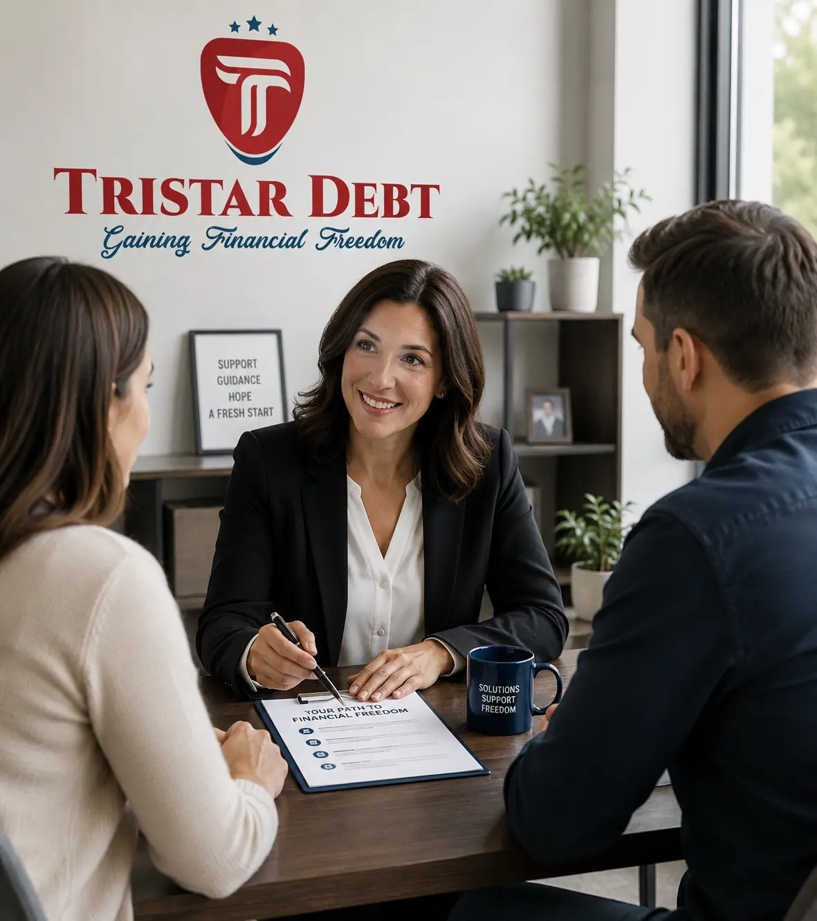 A Tristar Debt counsellor in consultation with two clients